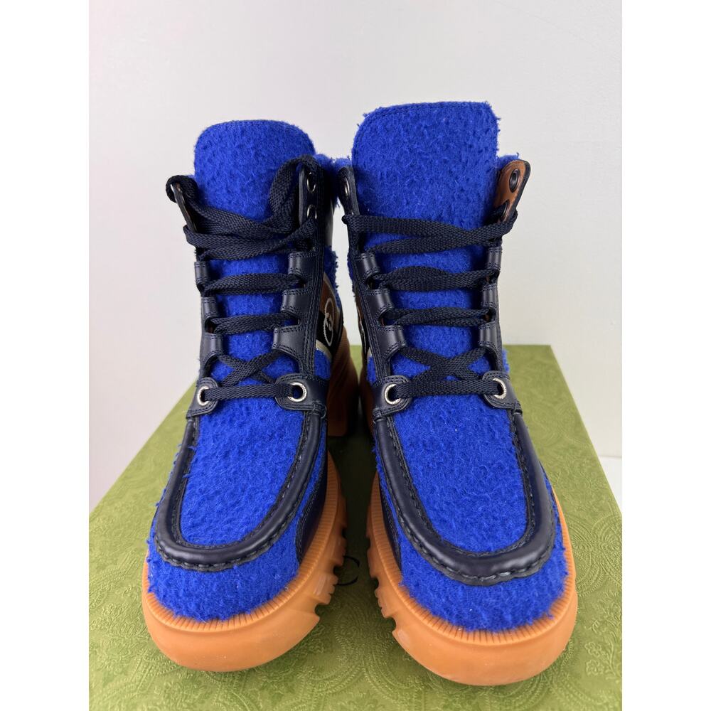 GUCCI Blue Tan Cast Wool Quebeck Calfskin Chunky Heel Boots Lace Up Size 36.5 - Picture 5 of 12